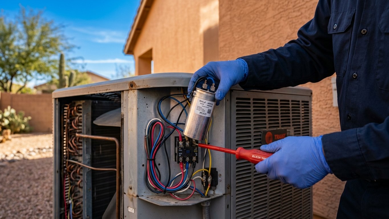 Technician's gloved hands lifting a dual run capacitor out of an open AC condenser electrical compartment.