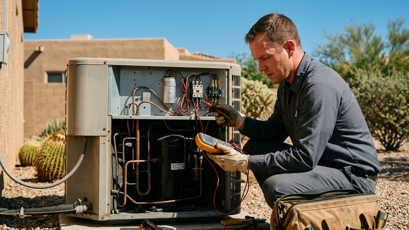 Technician testing the compressor and electrical components of an outdoor AC condenser with a multimeter.