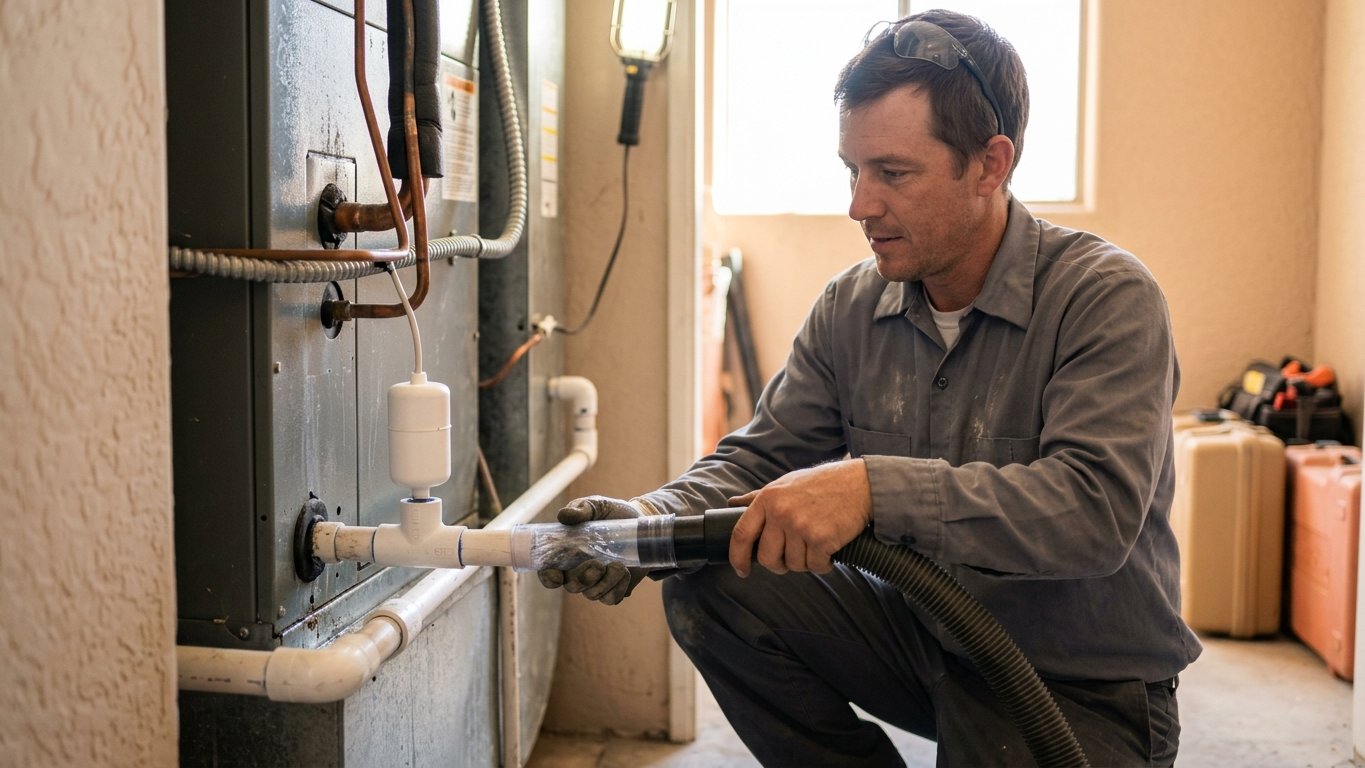 Technician clearing a clogged AC condensate drain line with a wet/dry vacuum near an indoor air handler.