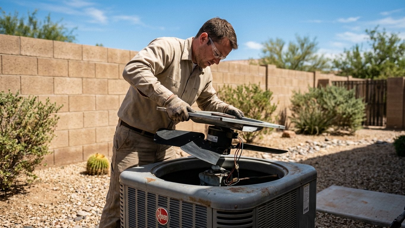 Technician lifting the fan-motor assembly out of the top of an outdoor AC condenser unit.