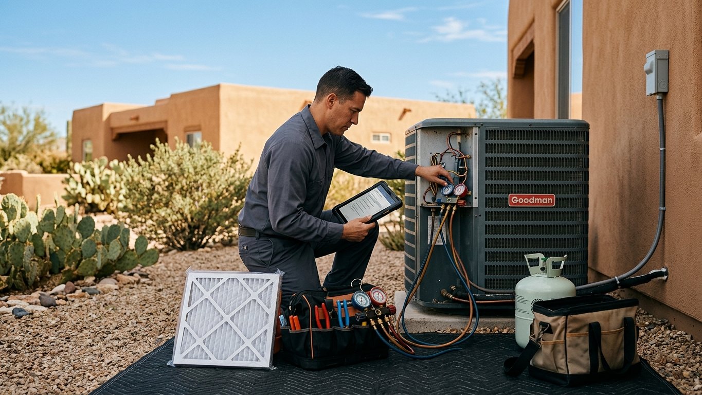 Technician performing a seasonal AC tune-up with a tablet checklist and a fresh air filter at a Tucson home.
