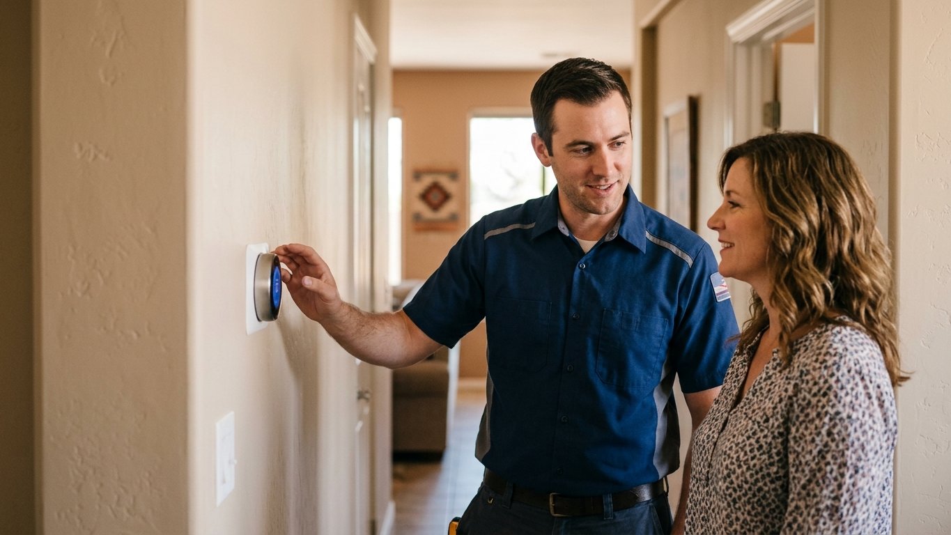 Technician explaining an AC diagnosis to a Tucson homeowner at a hallway thermostat.