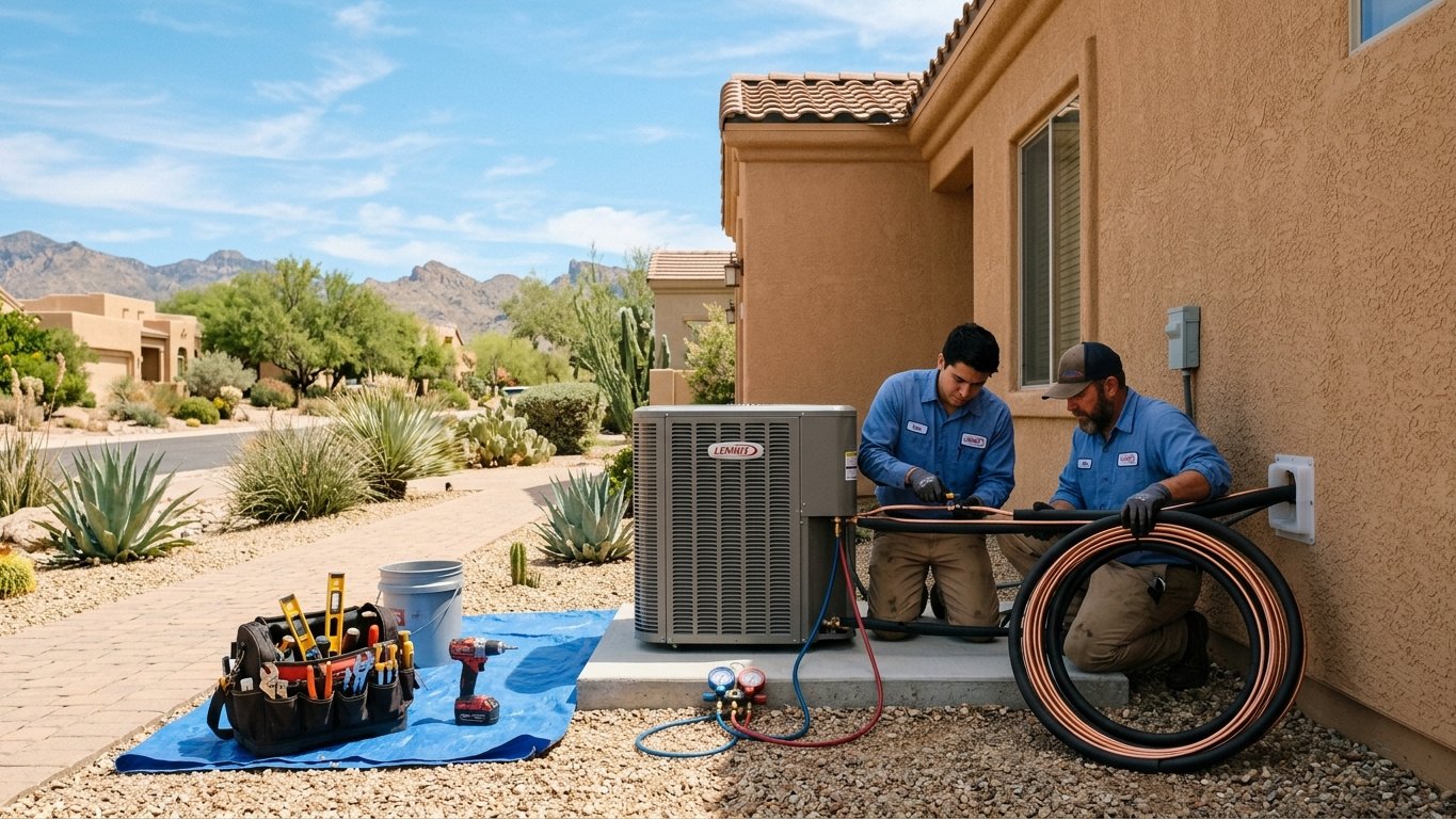 Installation crew setting a new central-AC condenser and routing the copper line set into a Tucson home.