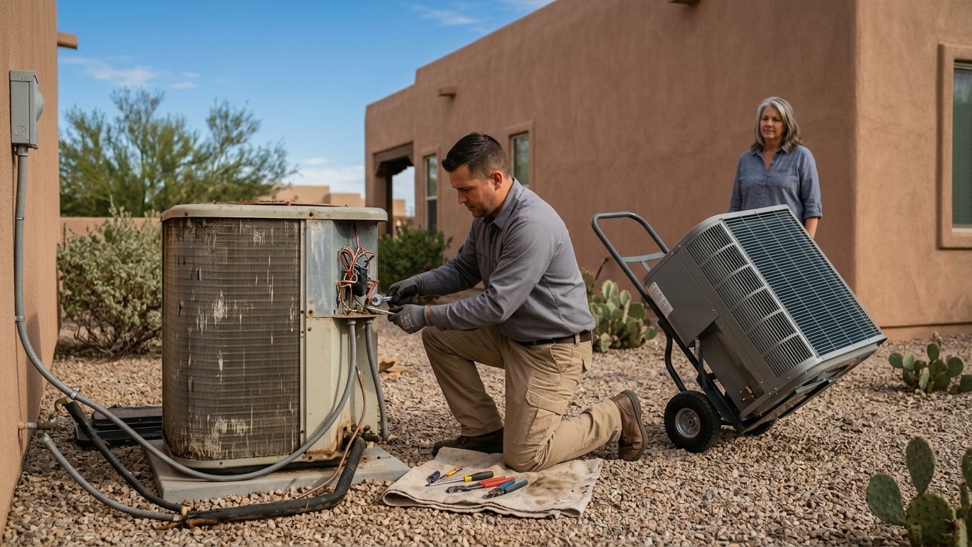 Technician disconnecting an old weathered AC condenser while a clean new unit waits on a hand truck.