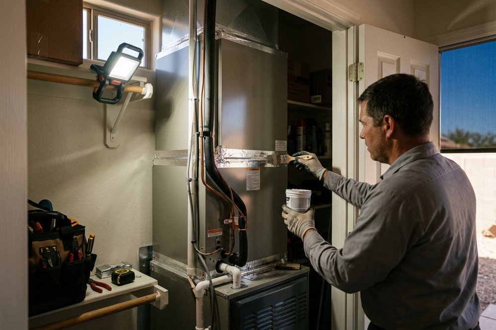 New air handler and evaporator coil installed in a Tucson home utility closet.