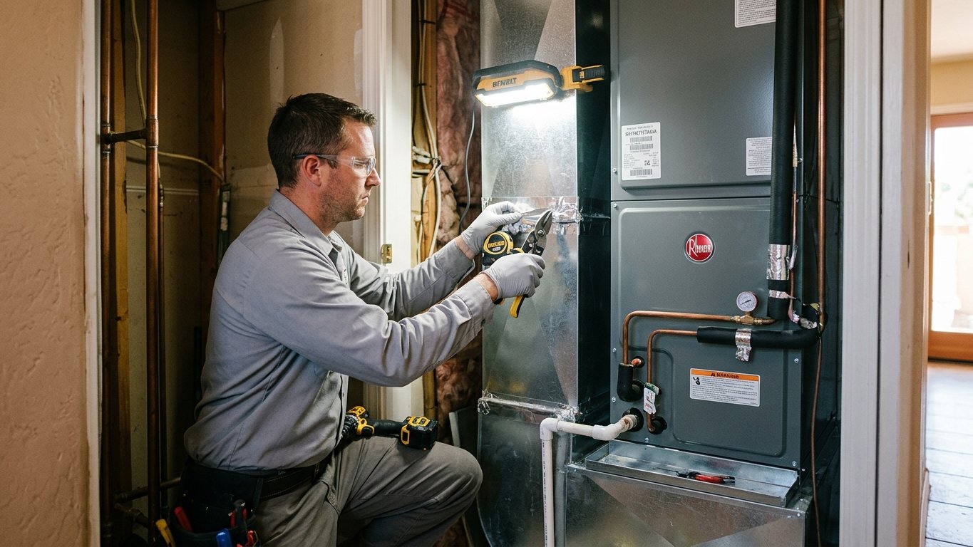 Technician connecting a new indoor air handler and evaporator coil to sheet-metal ductwork in a Tucson home.