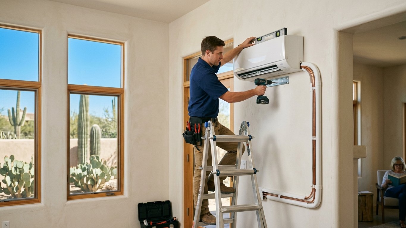 Technician mounting a white ductless mini-split indoor head on the wall of a sunlit Tucson room addition.