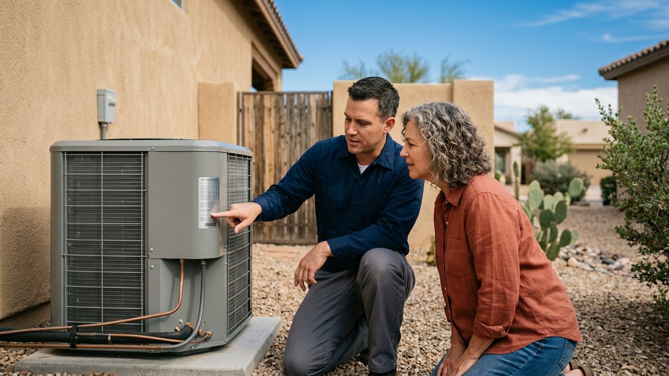 Technician showing a Tucson homeowner the efficiency rating plate on a new high-efficiency AC condenser.