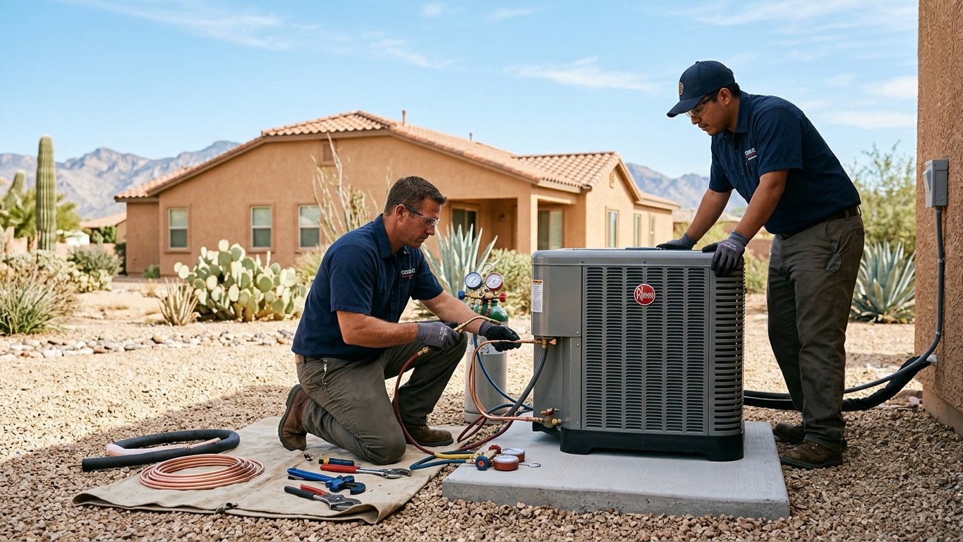 Two installers setting a new air-conditioning condenser onto a concrete pad at a Tucson home.