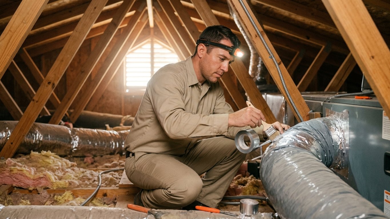 Technician sealing leaky flexible ductwork with mastic in a hot Tucson attic, wearing a headlamp.