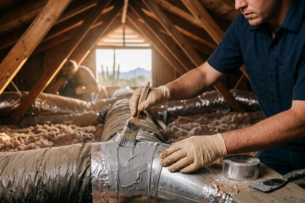 Gloved hands sealing a flexible duct joint with mastic in a Tucson attic.