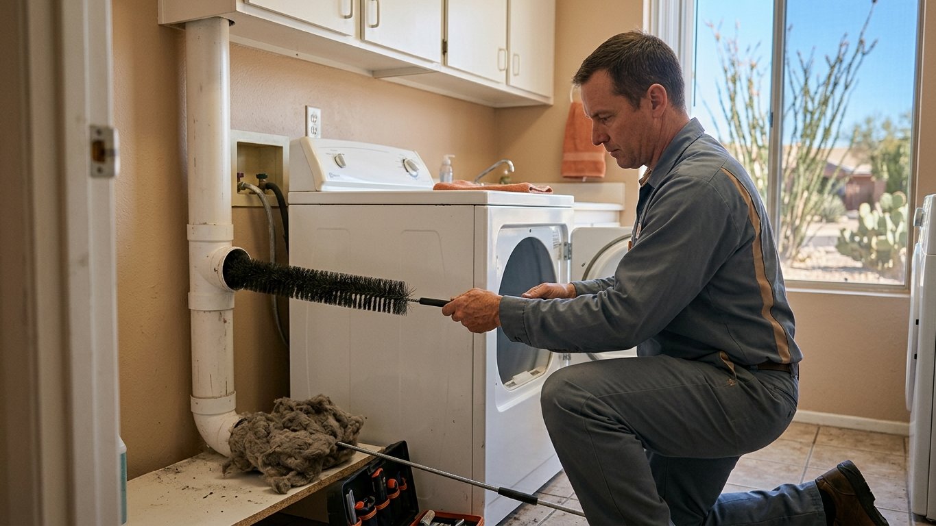 Technician cleaning a home dryer vent run with a long brush, lint pulled from the duct in a Tucson laundry room.