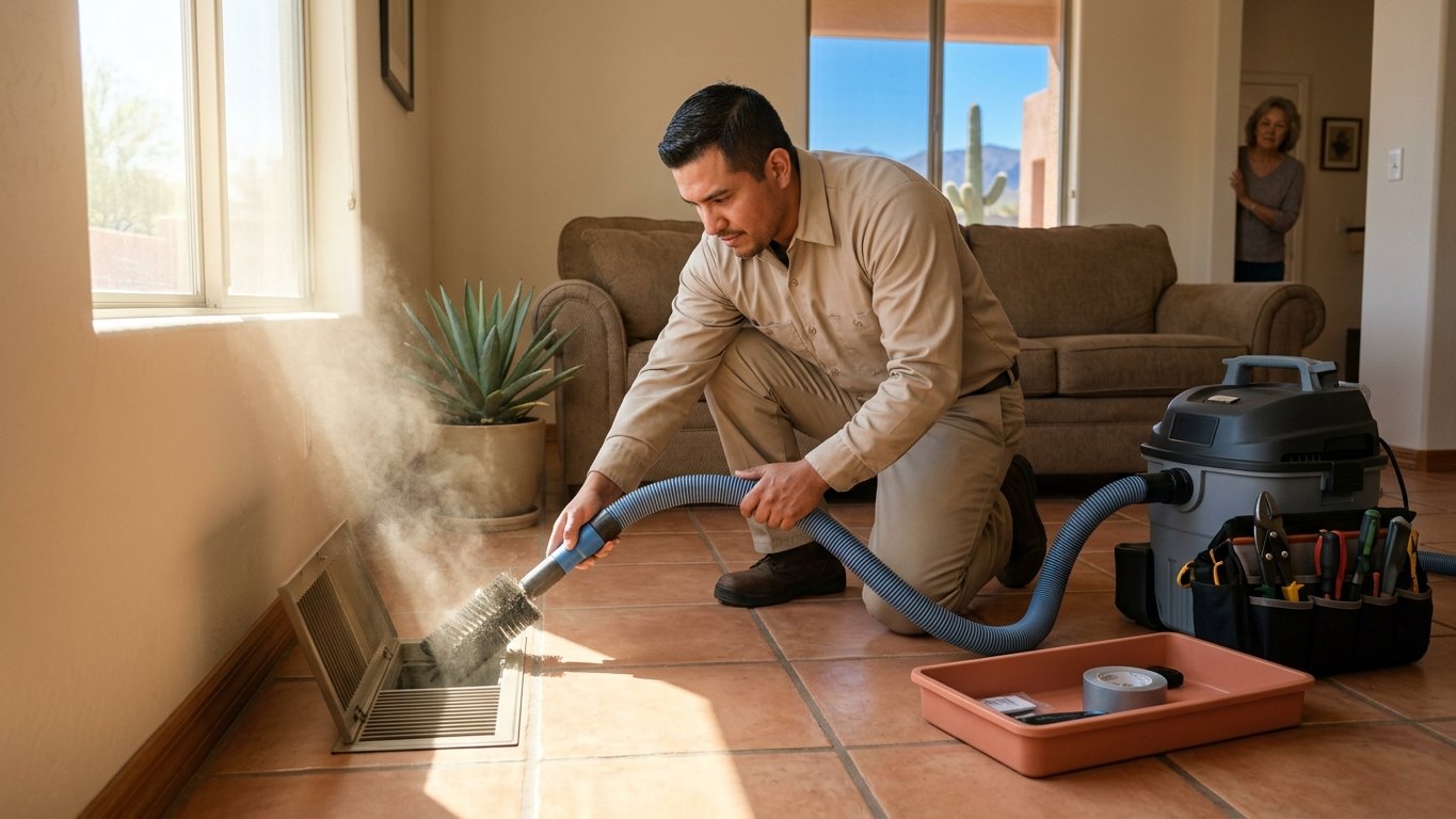 Technician cleaning a floor supply register with a brush and HEPA vacuum in a Tucson living room.
