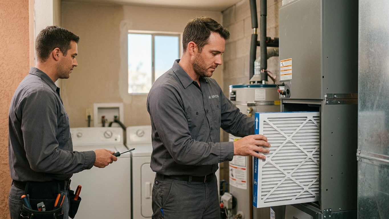 Technician installing a thick media air filter onto a Tucson home's air handler to improve indoor air quality.