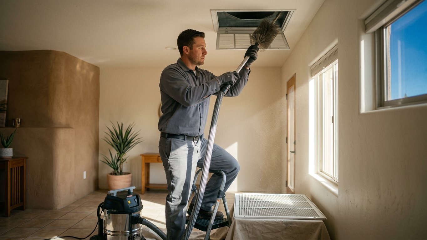 Technician cleaning a ceiling supply vent in a Tucson home with a rotating brush and HEPA vacuum.