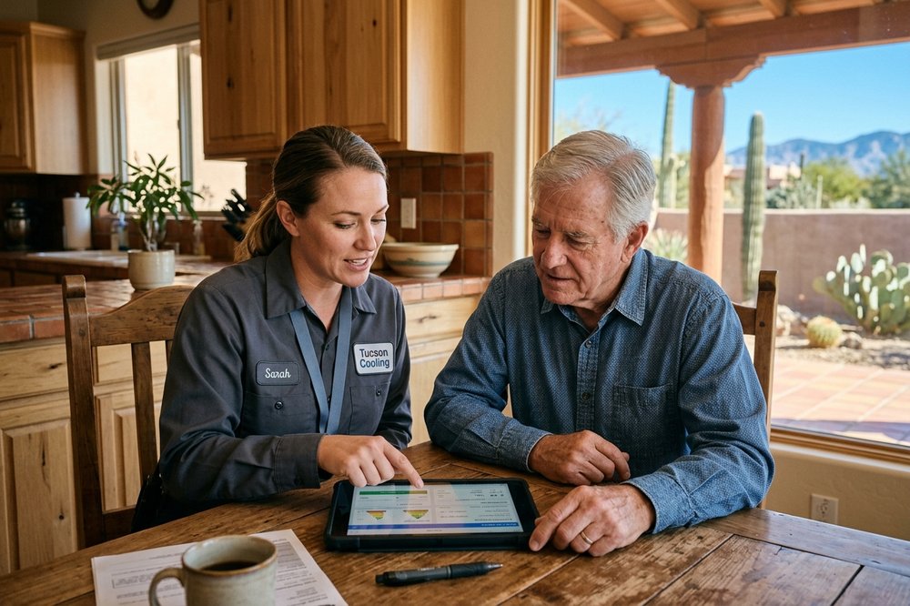 Technician and homeowner reviewing heating and cooling options on a tablet at a Tucson kitchen table.