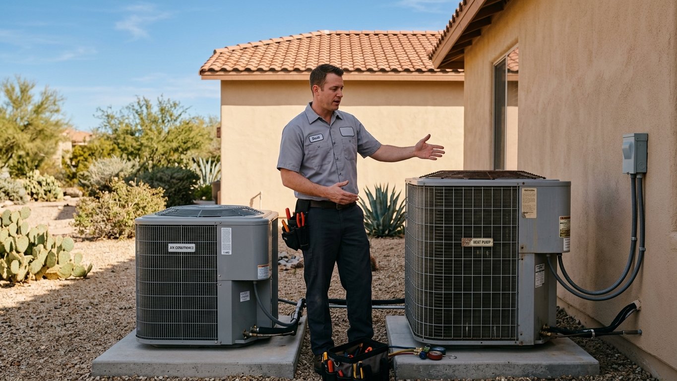 A heat pump and an air-conditioning condenser side by side beside a Tucson home as a technician compares them.