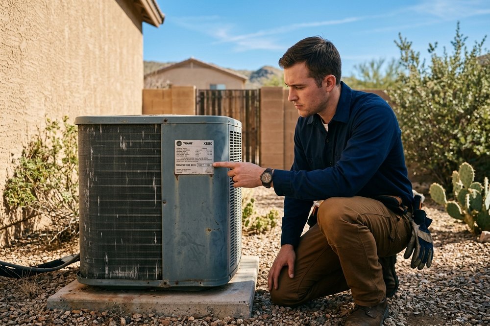 Technician reading the age plate on an older air-conditioning condenser.