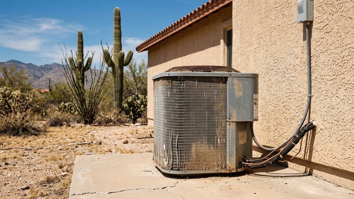Aging, sun-faded residential AC condenser unit beside a Tucson home under harsh midday desert sun.