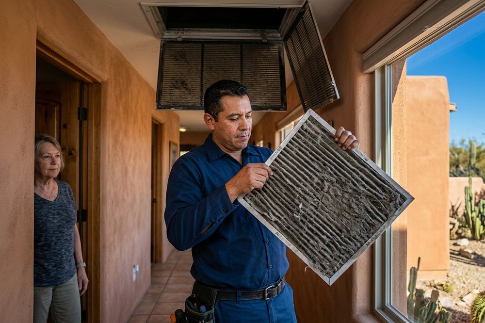 Technician pulling a clogged, dust-caked air filter from a return-air grille in a Tucson home.