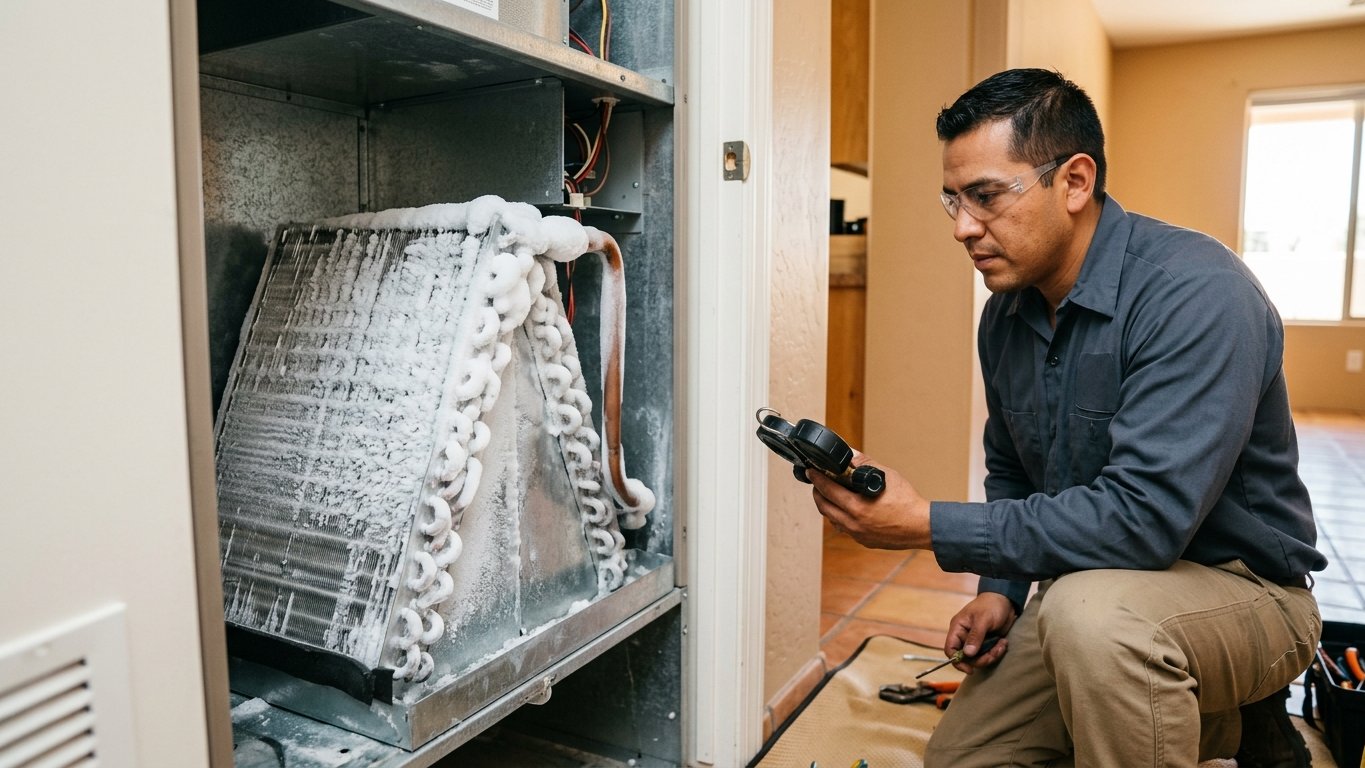 Frosted, ice-coated evaporator coil and frozen refrigerant line inside an opened air-handler cabinet.