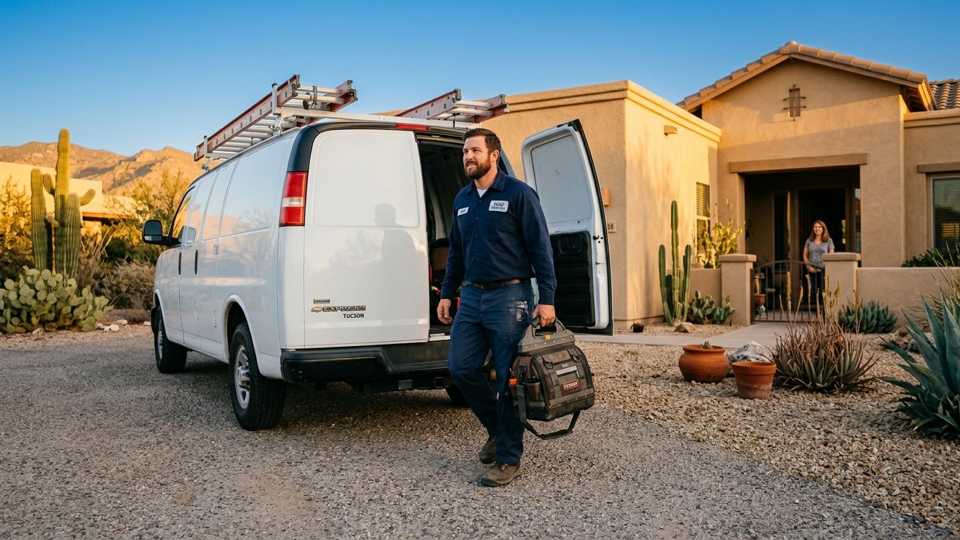 HVAC technician arriving with tools at a Tucson home at golden hour for an emergency AC repair.