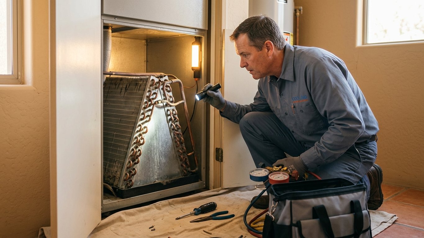 Technician inspecting an indoor evaporator coil inside an opened air-handler cabinet with a flashlight.