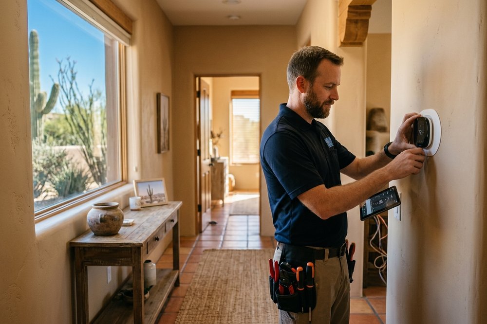 Technician adjusting a wall-mounted smart thermostat inside a Tucson home.
