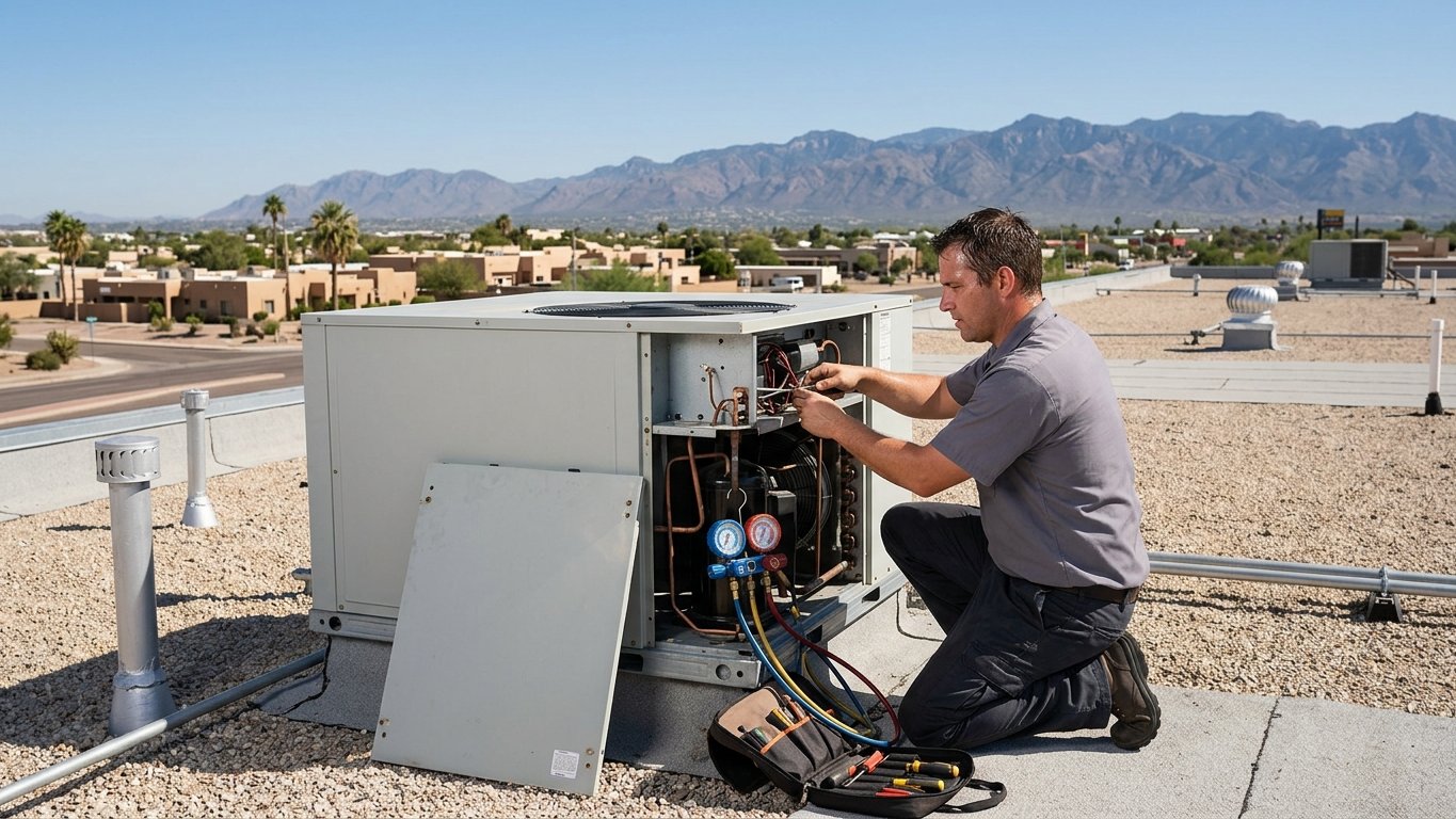 Technician servicing a large rooftop packaged HVAC unit on a flat commercial roof in Tucson.