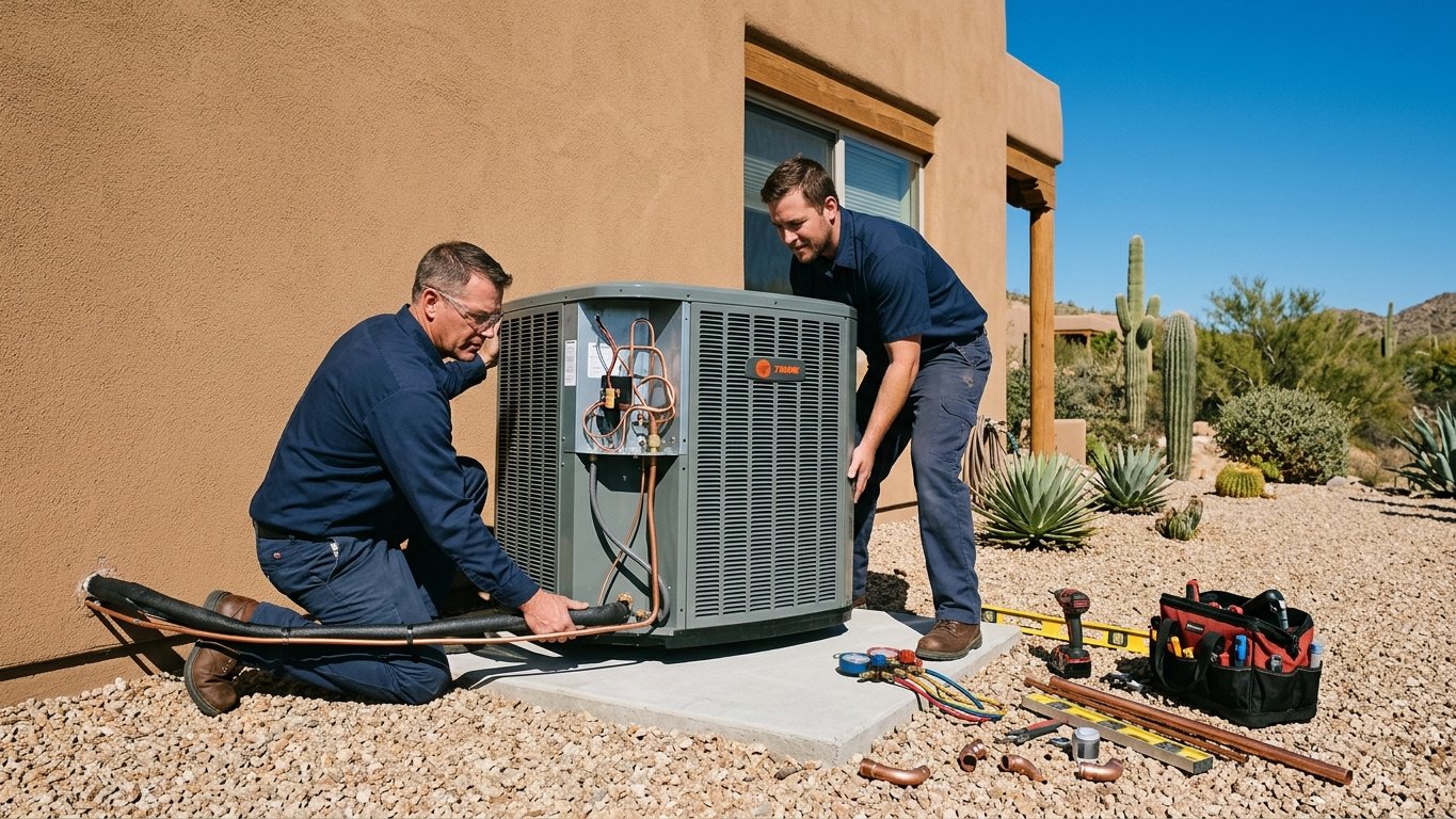 Two installers positioning a new heat-pump condenser onto a pad beside a Tucson home.