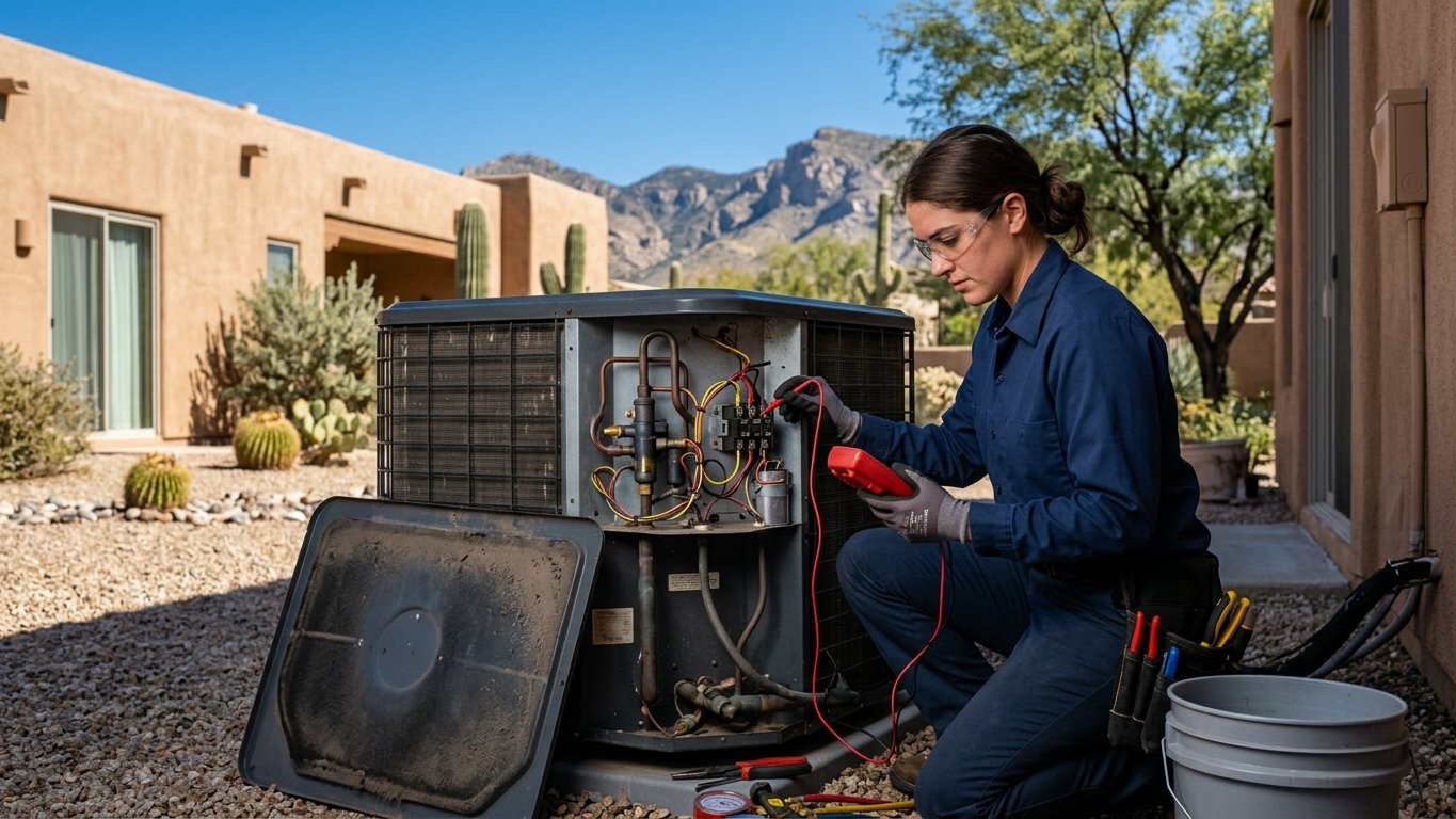 Technician diagnosing a residential heat-pump outdoor unit with a multimeter, panel open to the reversing valve.