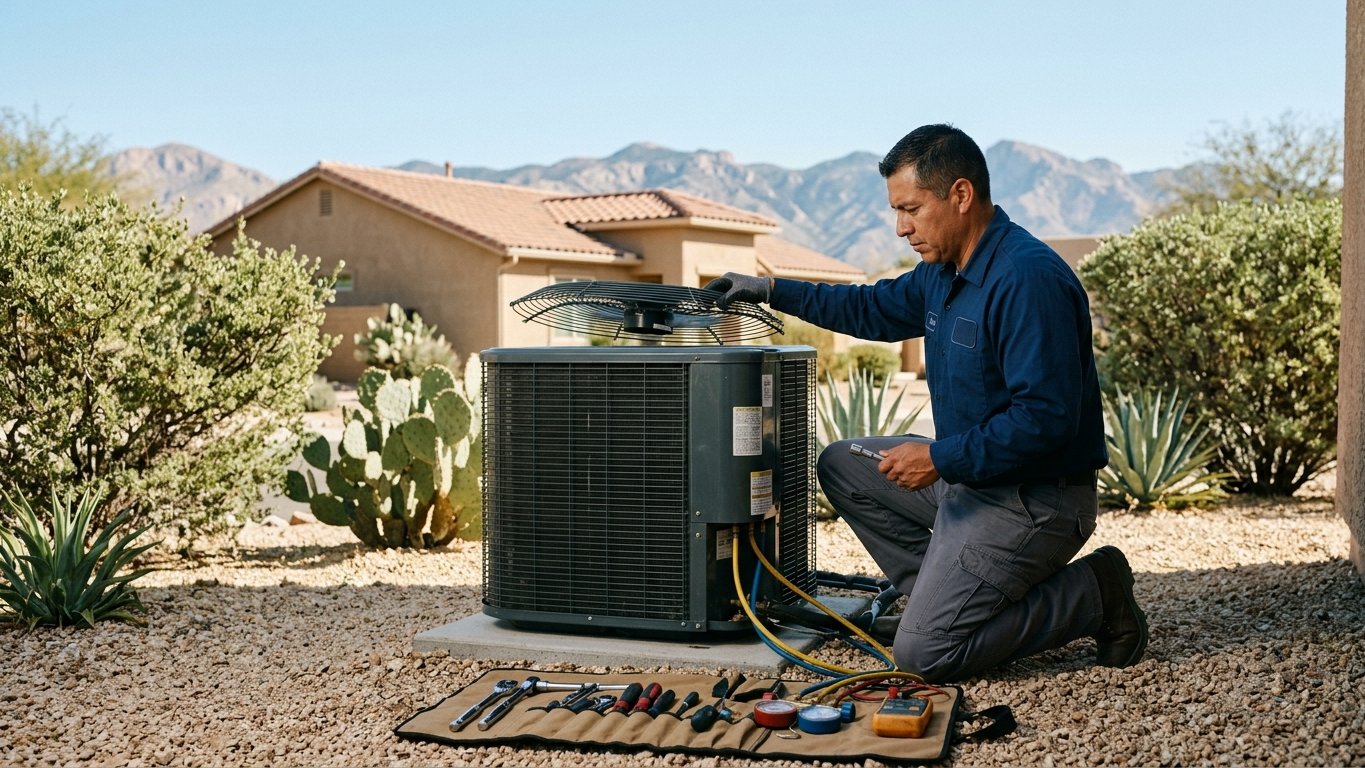 HVAC technician servicing a residential heat-pump outdoor unit beside a Tucson home, with the Catalina foothills behind.