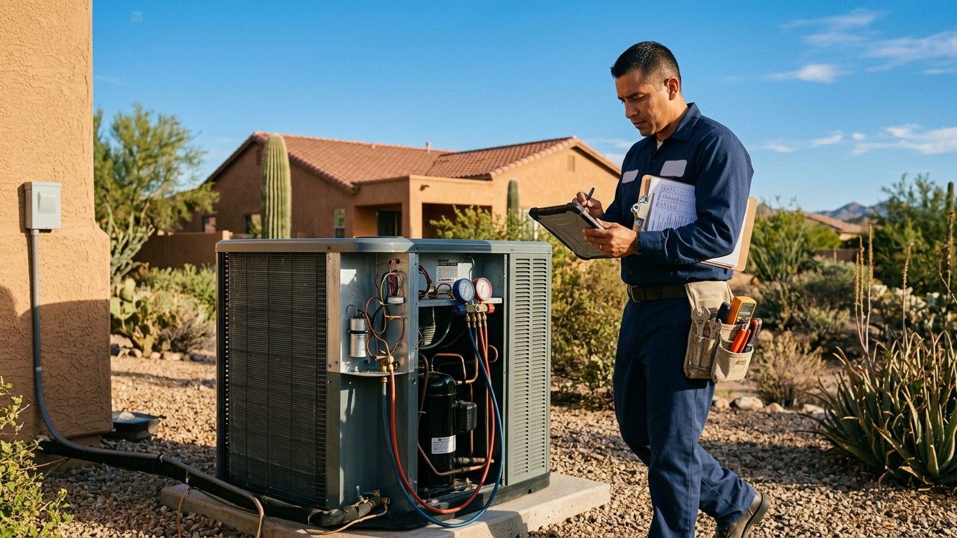 Technician walking a seasonal maintenance checklist on a tablet at a Tucson home's outdoor unit.