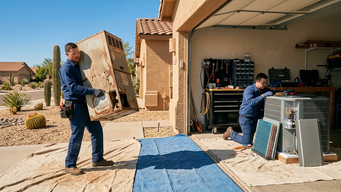 Two-technician crew replacing an HVAC system, carrying out an old air handler and staging a new one.