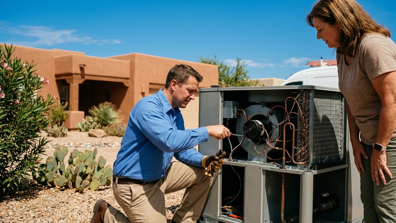 Technician servicing a ground-mounted residential package unit with the side panel removed beside a Tucson home.