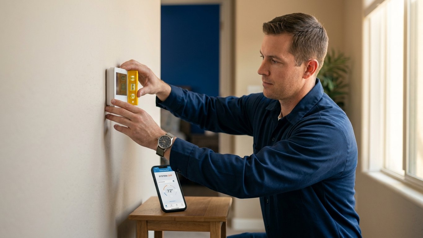 Technician mounting a modern programmable thermostat on a Tucson home wall with the comfort app on a phone nearby.