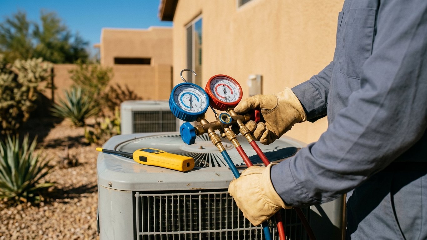 Technician connecting a refrigerant gauge manifold to the service ports of a residential AC condenser.